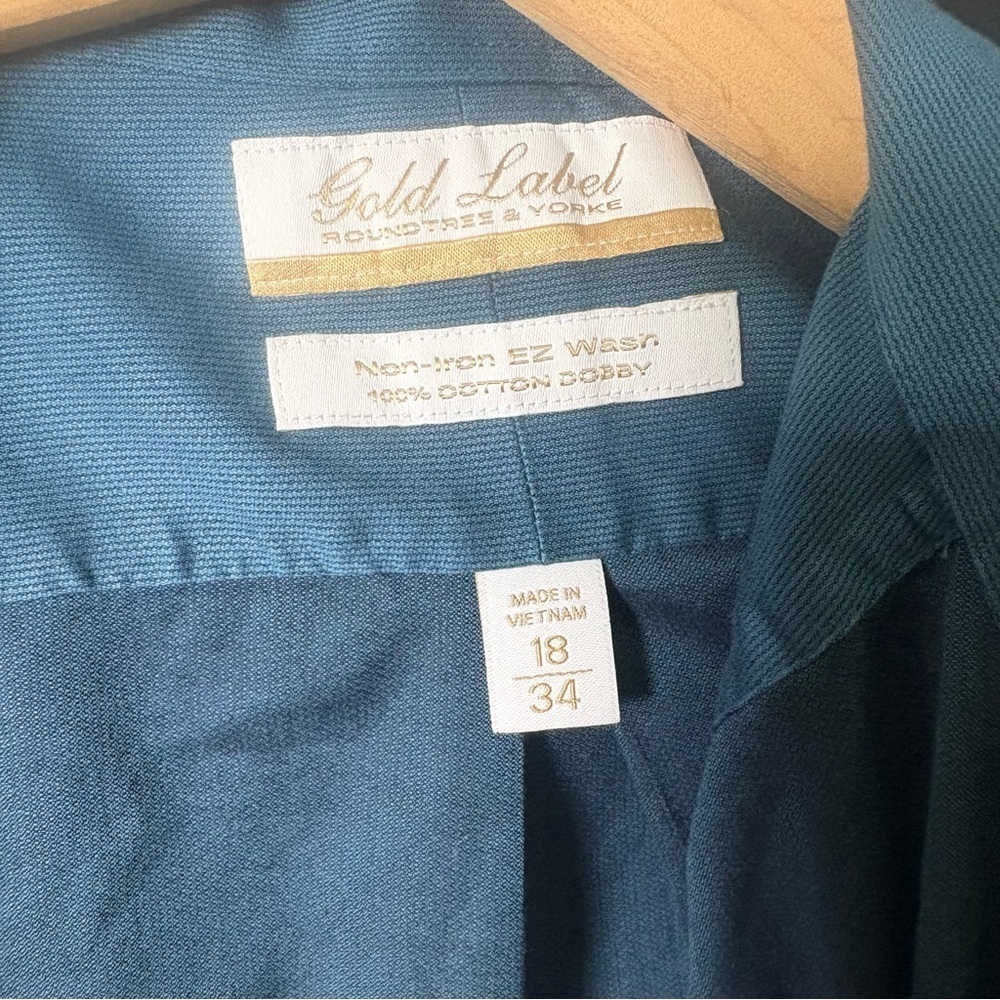Roundtree & Yorke Gold Label Dress Shirt 18 34 Blue Cotton Non Iron B&T